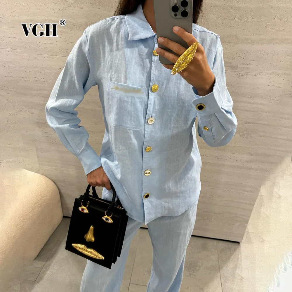 

VGH Slimming Casual Solid Two Piece Sets For Women Lapel Long Sleeve Top High Waist Pants Temperament Set Female Fashion Style