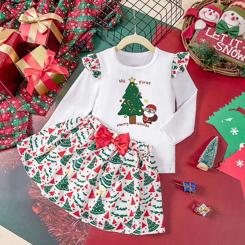 

2025New Autumn and Winter Girls' Clothing Long Sleeve Round Neck Sweatshirt Christmas Half Skirt Two-Piece Set