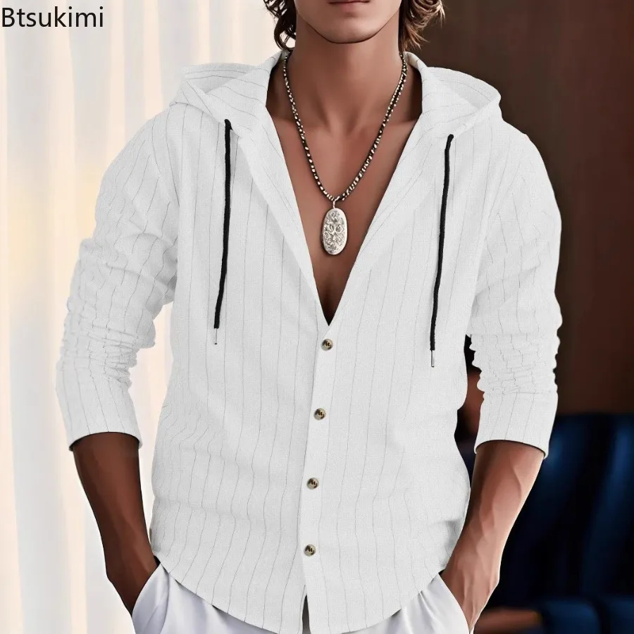 New 2025 Men's Hooded Cardigan Tops Retro Striped Printing Linen Shirts for Men Spring and Summer Casual Long Sleeve Shirt Male