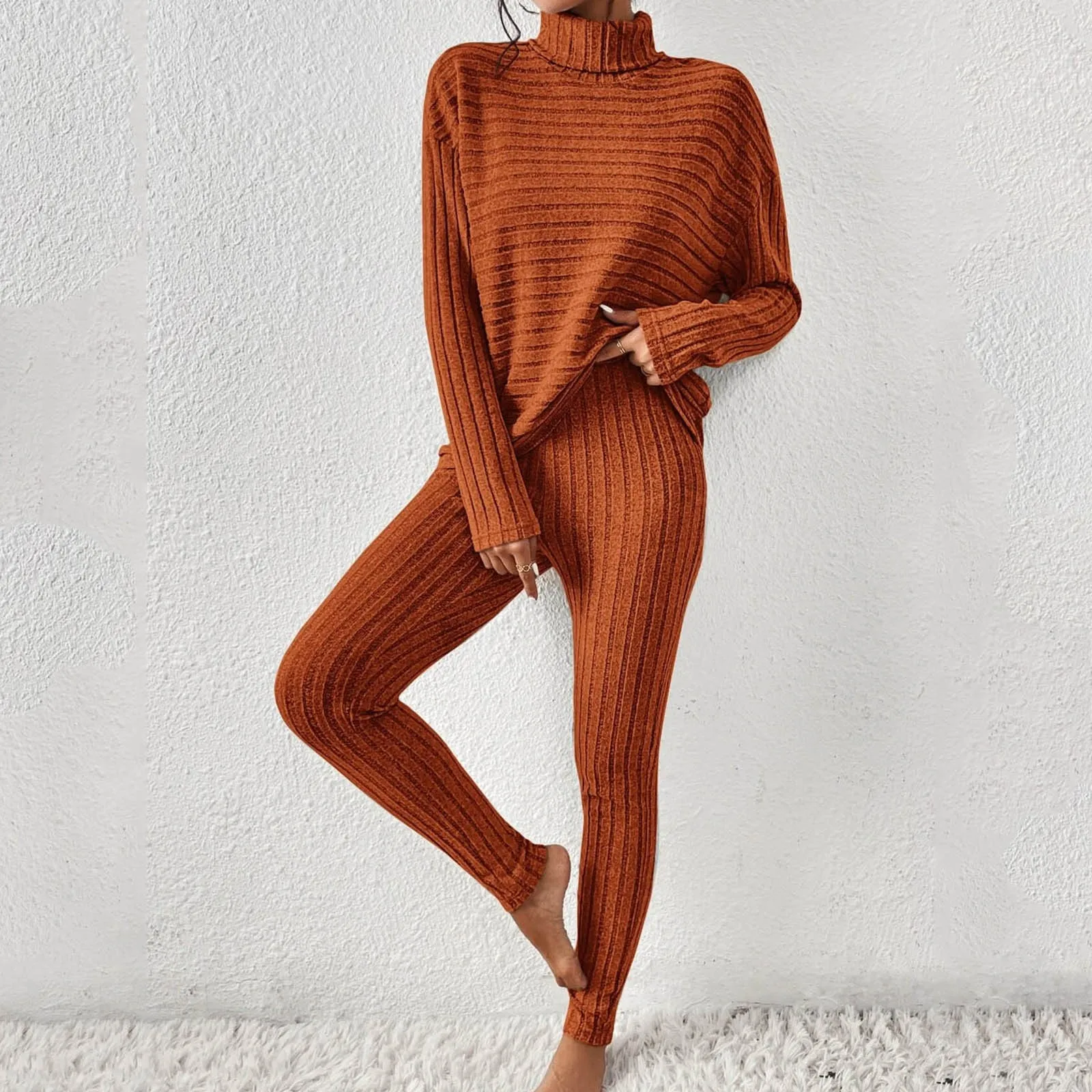 Women\'S Two Piece Knit Outfits Turtleneck Sweater Top And Pants Tracksuit Sets Winter Long Sleeve Solid Slim Fit Lady Suit Set