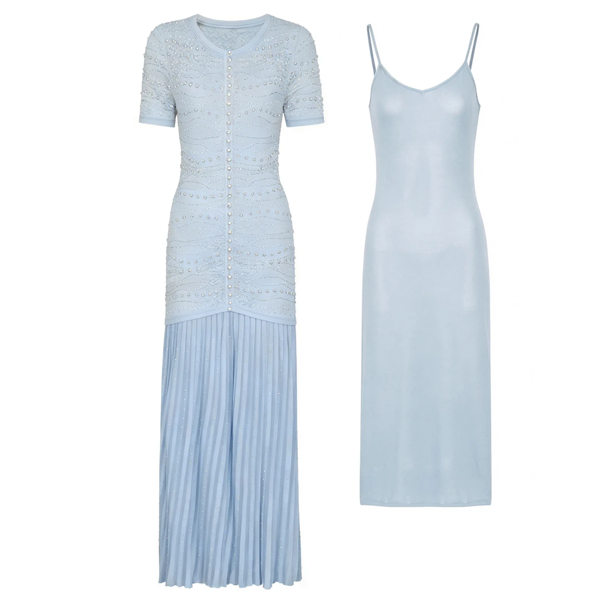 Image of 26151 Damen 2-teiliges Perlen-Strick-Maxikleid-Set Kurzarm Ausgeschnittenes Langes Kleid mit Cami-Unterkleid für Party Abend Vestidos