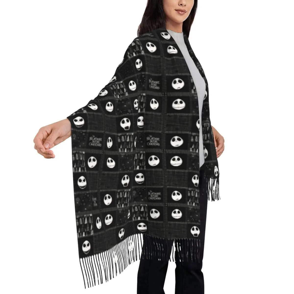 Custom The Nightmare Before Christmas Faces Of Jack Tassel Scarf Women Winter Fall Warm Shawl Wrap Ladies Scarves