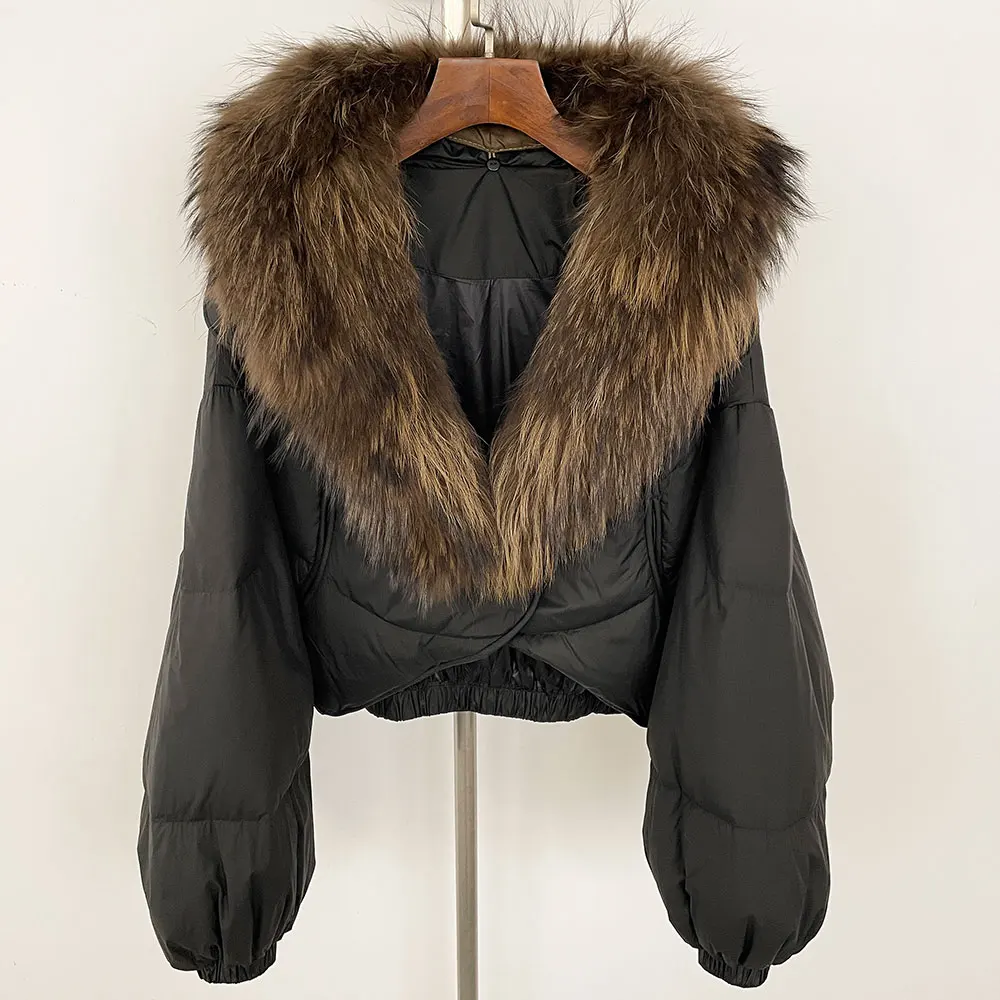 Puffer Jacket Ladies Luxury Real Fur Winter Big Natural Fox Fur Collar Female Outerwear Duck Down Warm Coat for Cold Winter Days