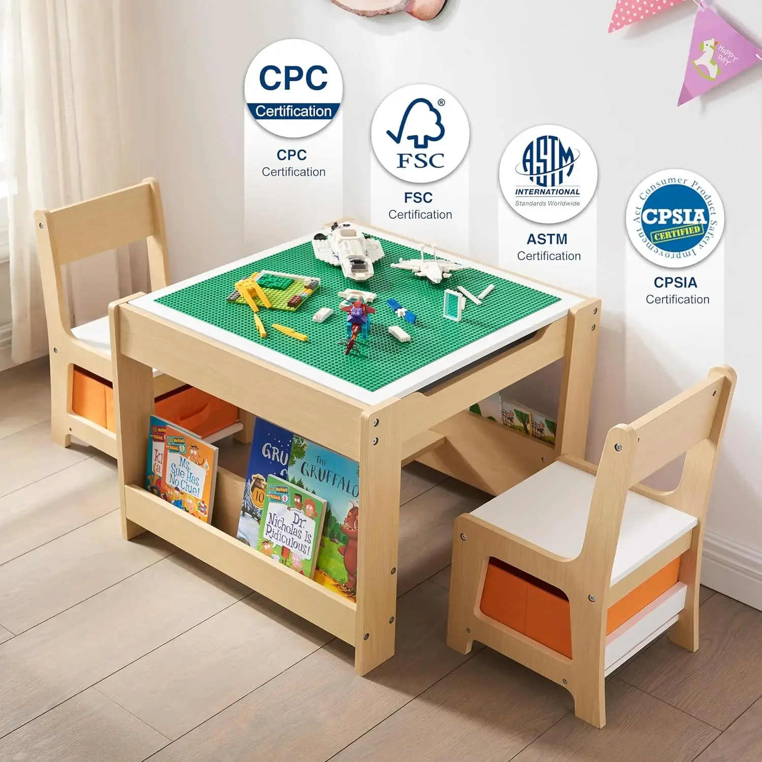 Table and Chair Set, 3 in 1 Wooden Activity Table with Bookshelves and Storage Drawer, 2 in 1 Detachable Tabletop Construct