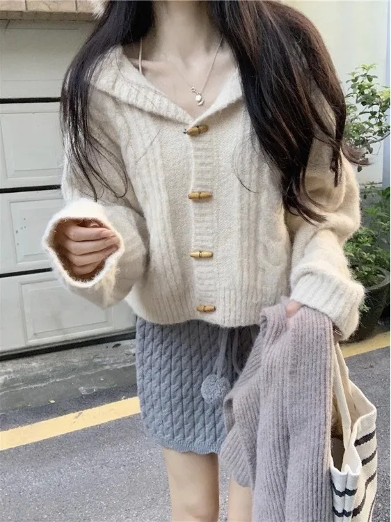 Loose Women's Knitted Hat Sweater Cardigan Coffee Twist Knitwear Autumn Winter Lazy Style Outerwear Casual Loose Fit Coat