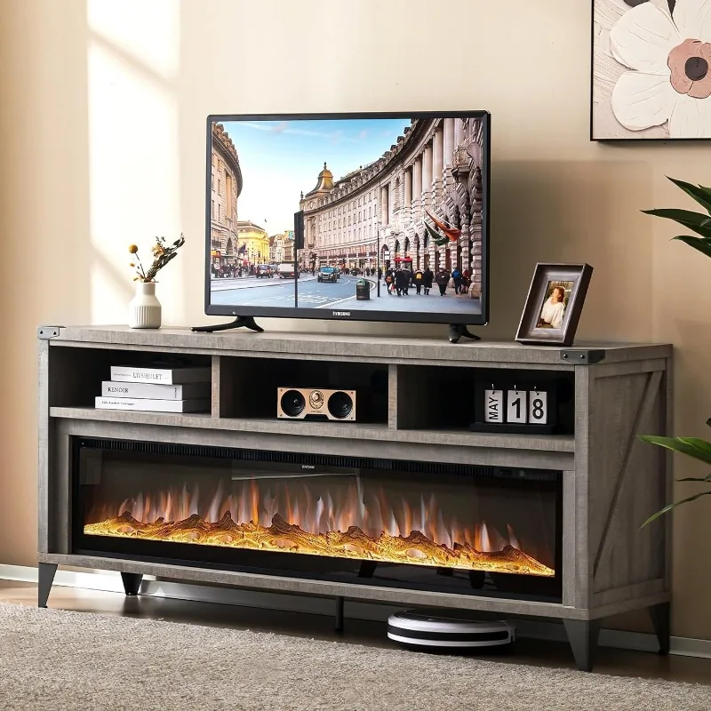 

65" Fireplace TV Stand with 60" Glass Electric Fireplace, Industrial & Farmhouse Media Entertainment Center with Open Shelve