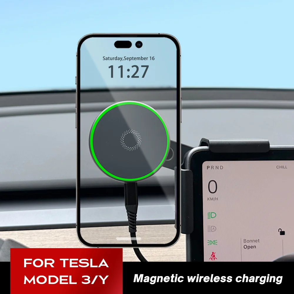 for Tesla Model 3/Y/HIGHLAND 2024 Cybertruck Phone Holder Screen Mount Magnetic Wireless Charger 15W Fast Charging  BYD Atto 3