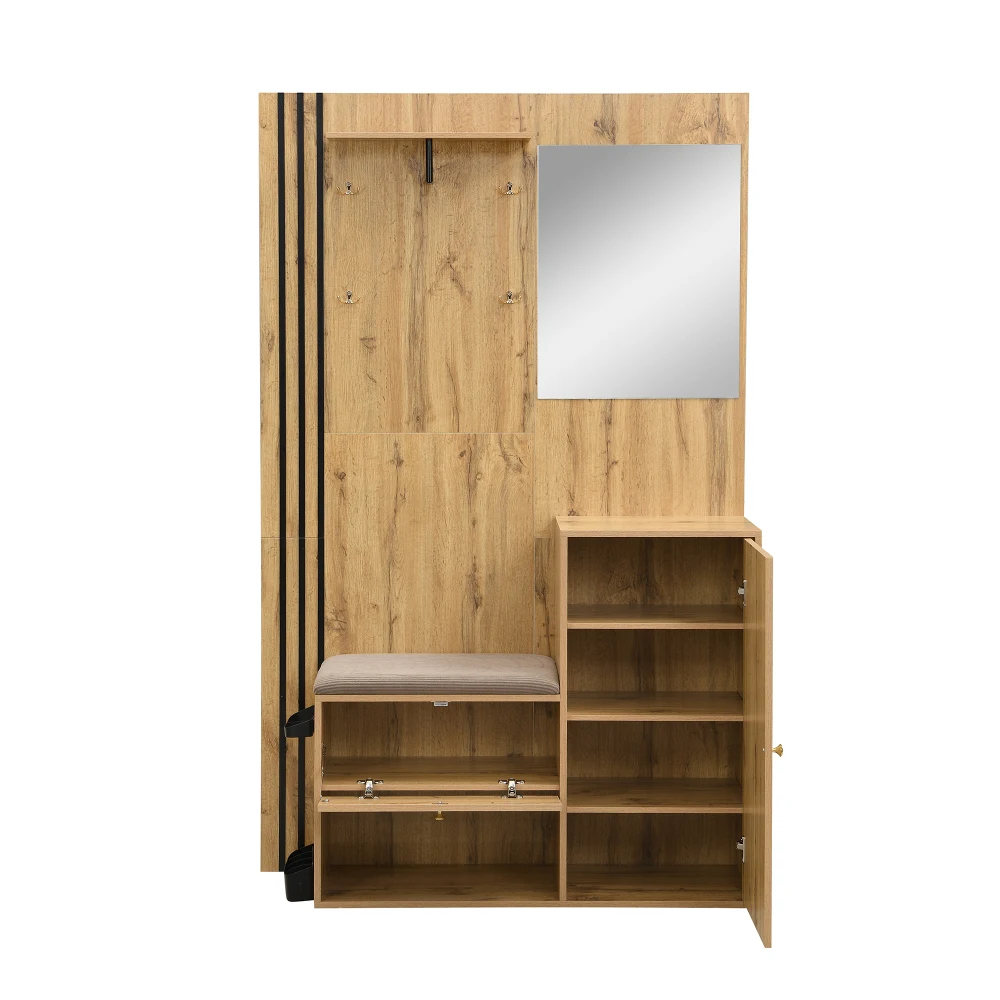 Kleiderschrank-Set, kompakter Flur-Kleiderschrank mit Spiegel und Kissen mit schwarzem Zierstreifen, Regal, Flur-Kleiderschrank, Schuhschrank – Detail 19