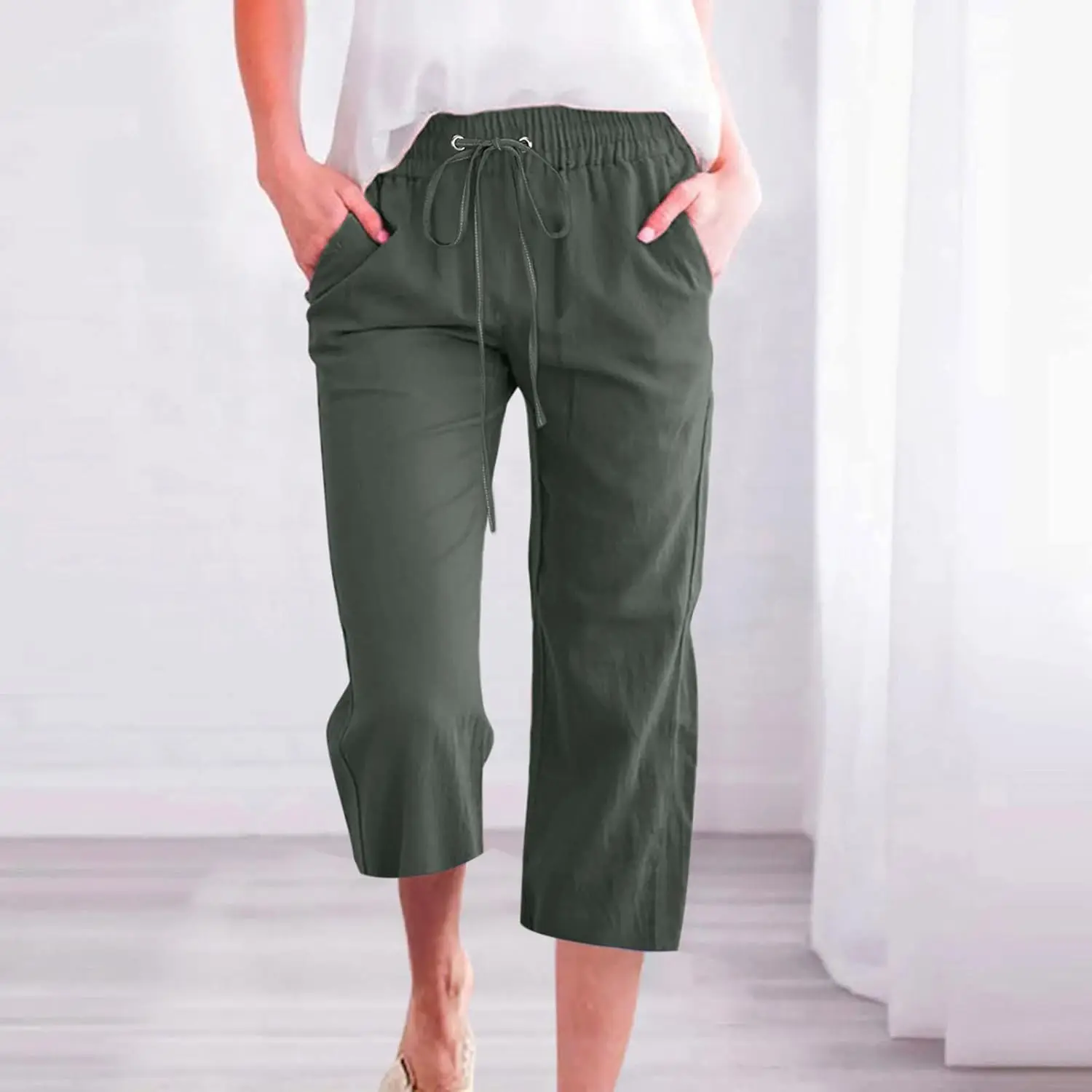 

Capri Pants for Women Casual Summer Drawstring Elastic Waist Linen Pant Straight Wide Leg Cropped Trouser with Pockets