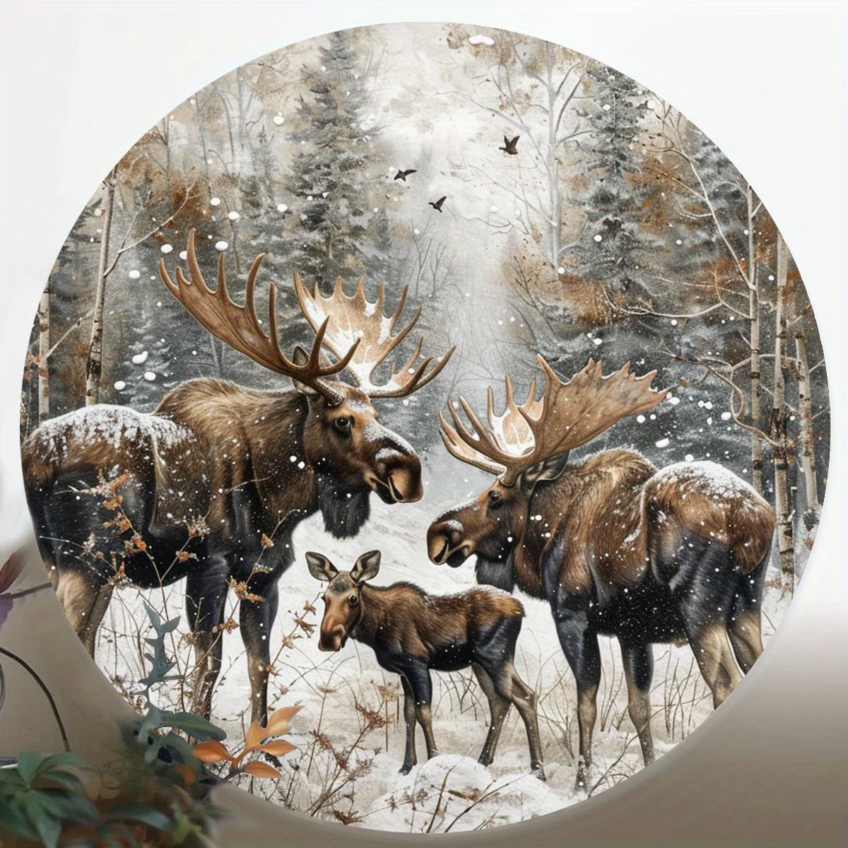 2D Flat, 1pc Rustic Elk Family Winter Scene Round Wall Decor - Alaskan Wilderness Christmas Ornament Featuring Elk Parents and C