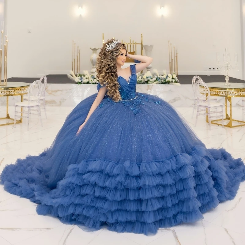 

Navy Blue Shiny Quinceanera Dresses Applique Beads Tull Tiered Ruched Train Ball Gown Mexico Cinderella Sweet 16 Dress Vestidos