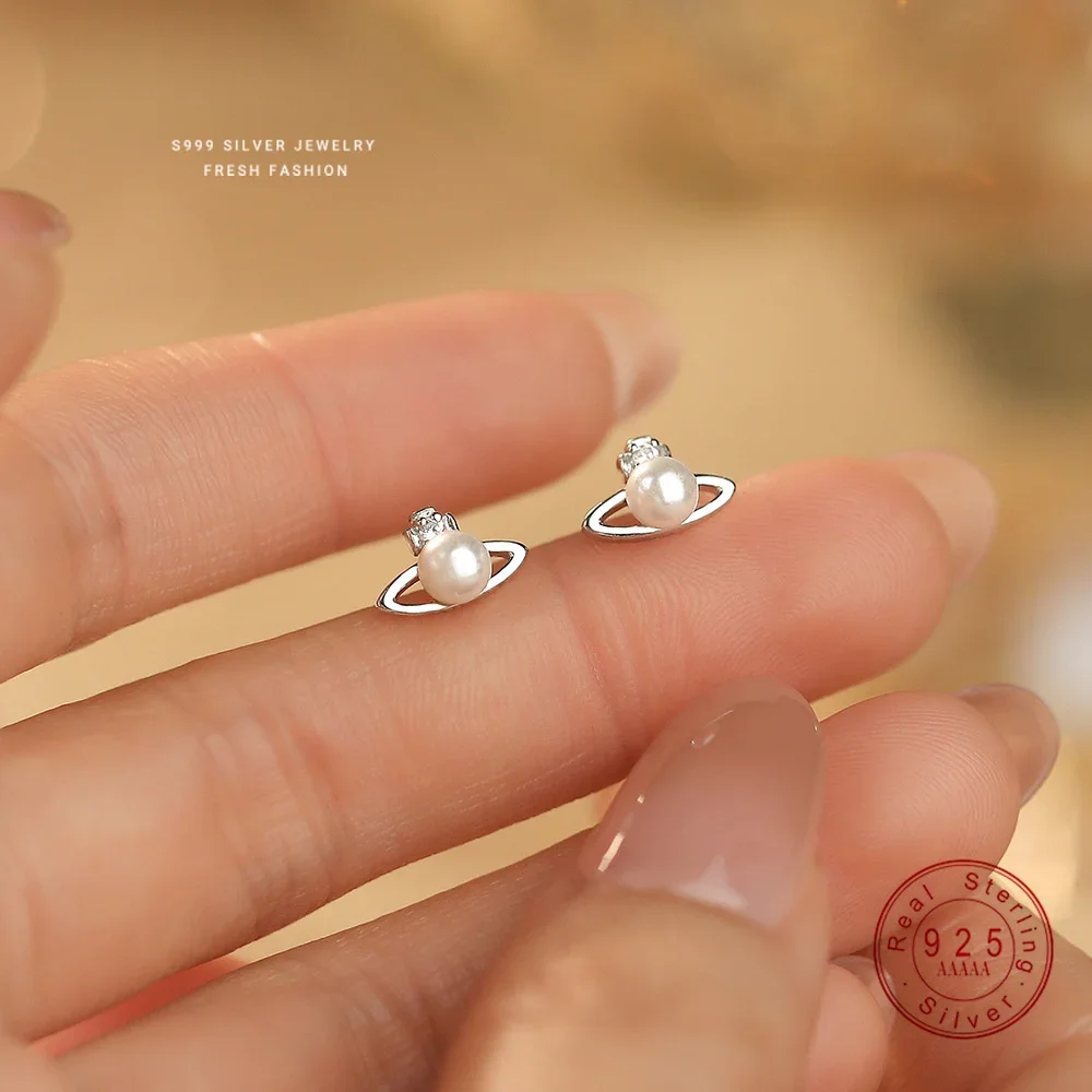Fashionable Simple 999 Sterling Silver Zircon Planet Shell Earrings for Women Exquisite Light Luxury Jewelry