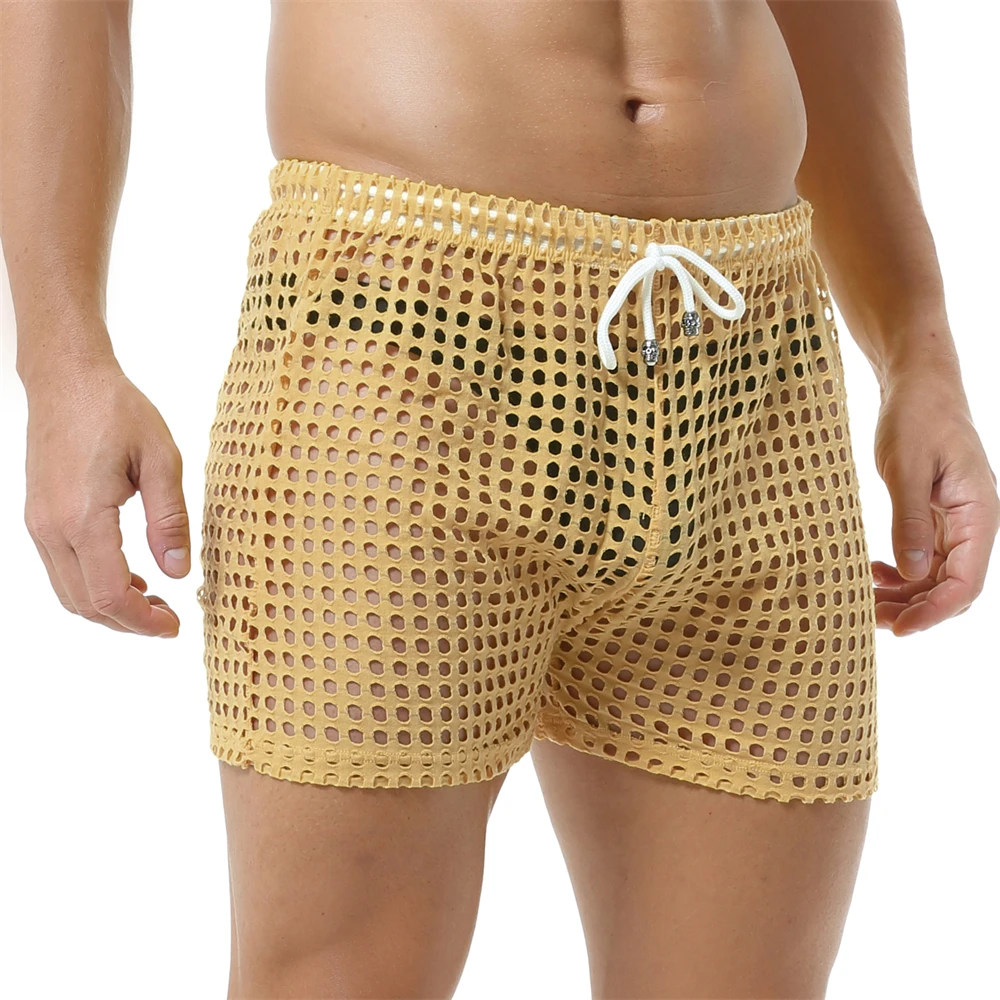 Breathable Mens Sexy Mesh Fishnet Causal Shorts Loose Men Hollow Out Beach Bikini Swim Trunks Drawstring Sport Gym Lounge Shorts