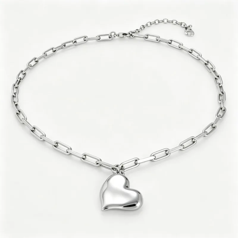 Cable Chain Necklace with 3D Heart Pendant for Women, Alloy, Minimalist Elegant, Office & Party Wear