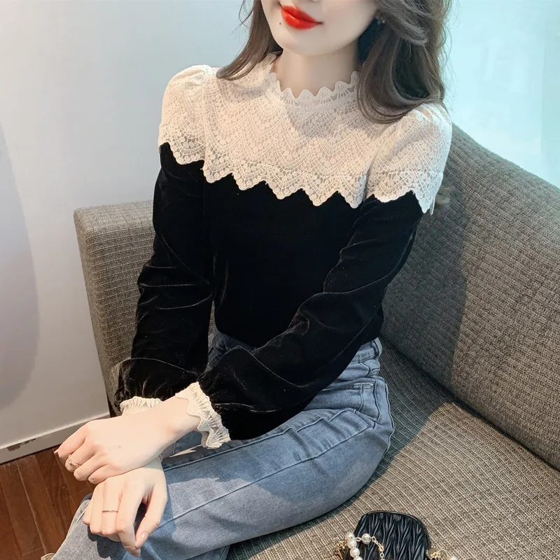 Stand Collar O Neck Lace Crochet Black Velvet Shirt Women Blusa Mujer Tops Chic Elegant Blouse for Women Clothes