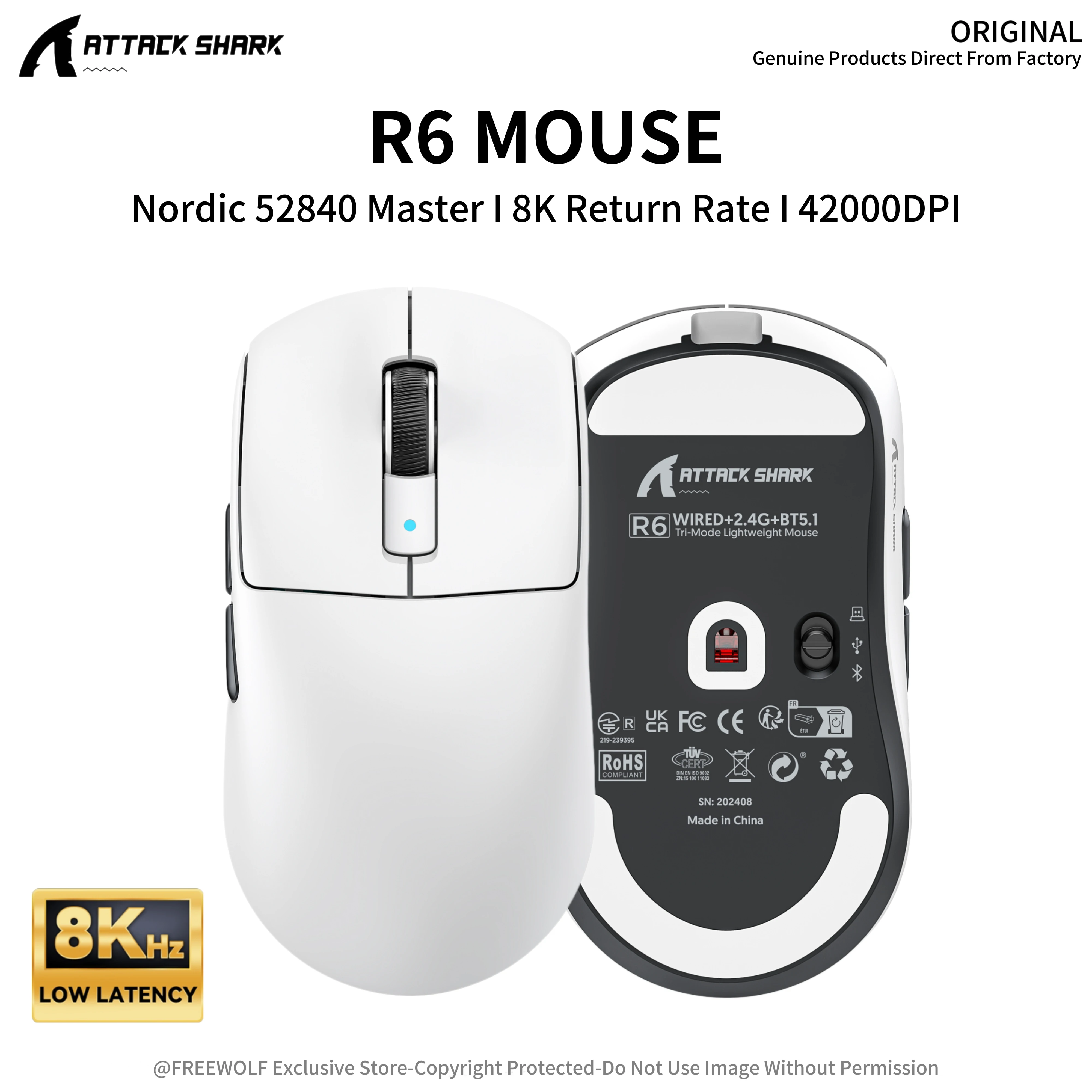 

Игровая мышь PAW3950 Sensor R6, беспроводная мышь ATTACK SAHRK 8000 Гц, с пользовательским слоем Ice Sensing, 750 IPS, ускорение 50G, для соревнований