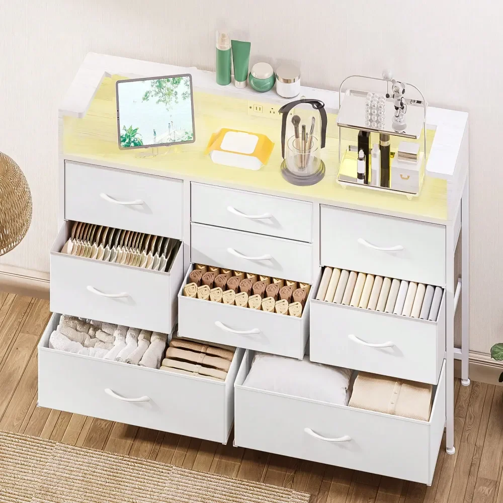 

9 Drawers Makeup Vanity Desk With Charging Station , Modern PUCoated Fabric Storage Cabinet With Adjustable Lighting, MultiFunc