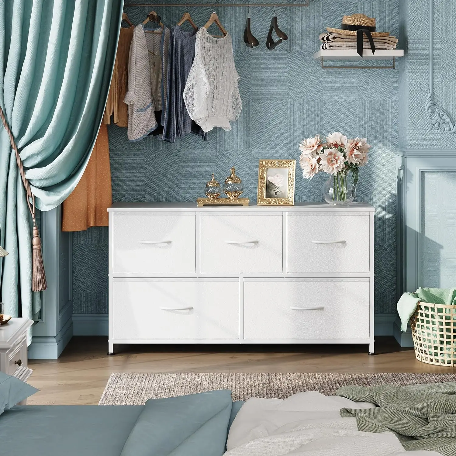 Commode large en tissu à 5 tiroirs pour chambre à coucher, armoire de rangement à profil bas, meuble TV, organisateur de vêtements