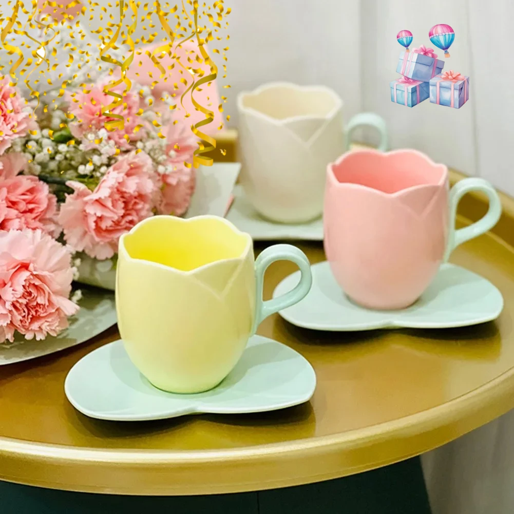 Creative Vintage Mug Lovely Tulip Drinking Cup with Saucer Ceramic Tulip Shaped Teacup Home Afternoon Tea Cappuccino Tableware