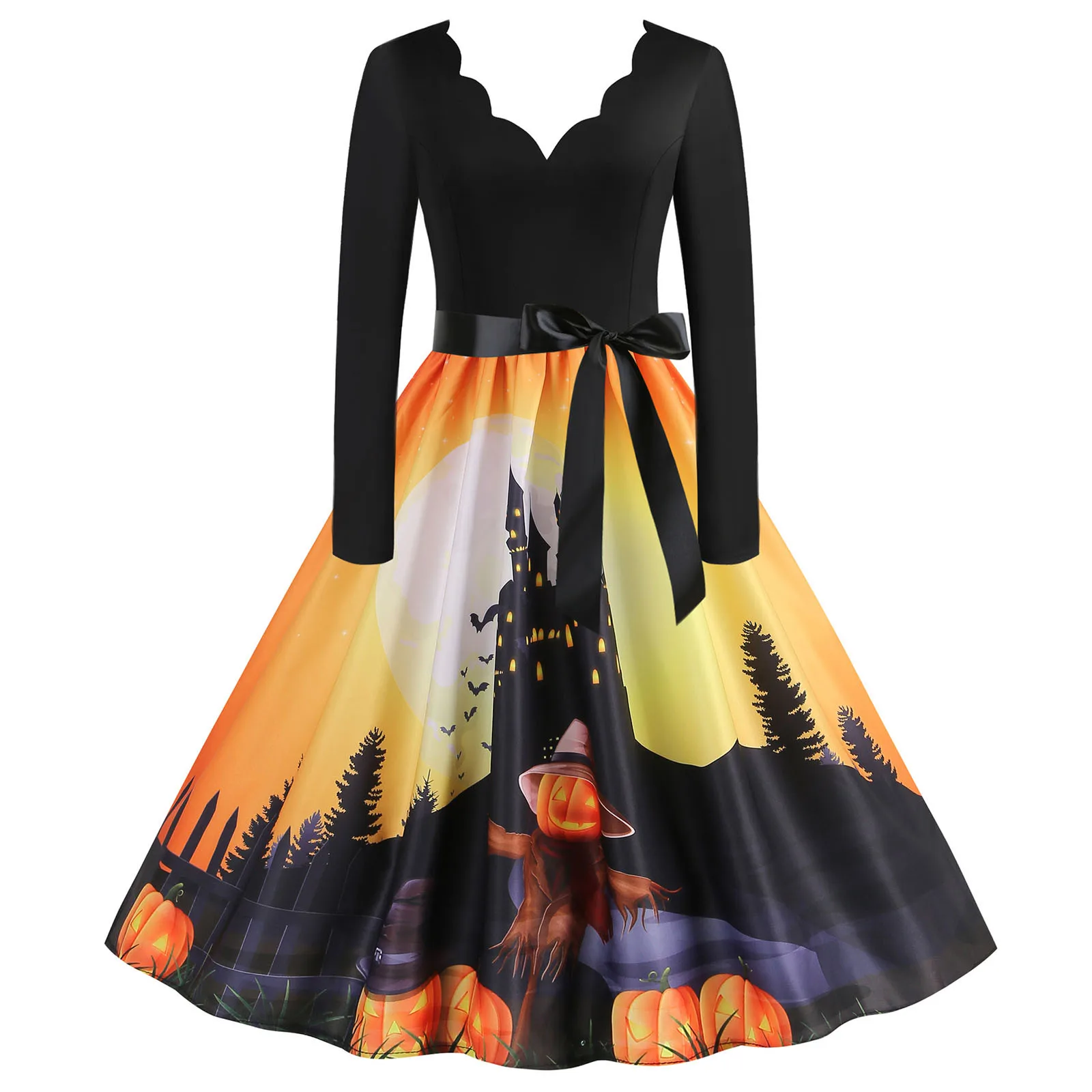 

Retro Goth Halloween Carnaval Party Dresses Women 2024 Autumn Long Sleeve V Neck Vintage Scary Cosplay Costumes Pumpkin Print