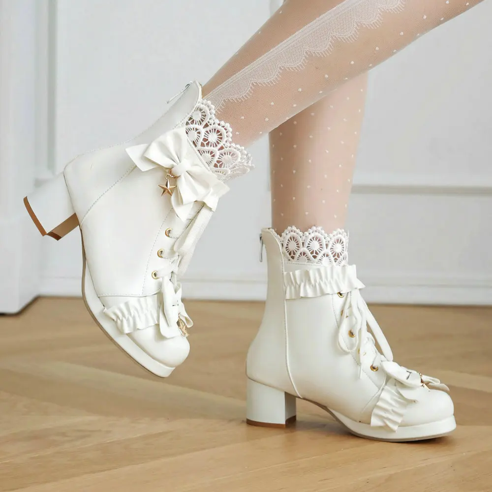 Women Platform Boots Lace Up Back Zipper Chunky Heel Ankle Booties Bow Cosplay Spring Autumn Shoes Five Pointed Star Pendant