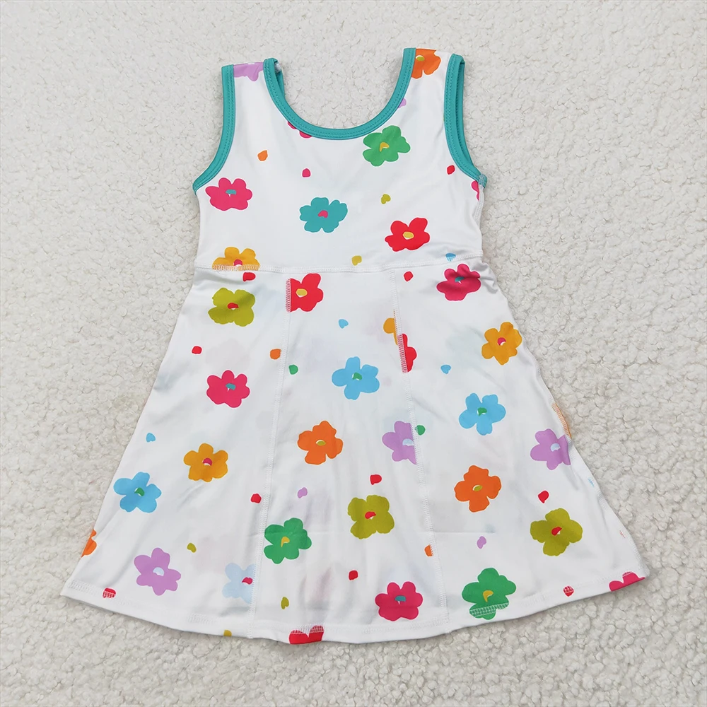 

Baby Girls Sleeveless Colorful Floral Yoga Knee-Length Athletic Dress White Floral Kids Girls Clothing