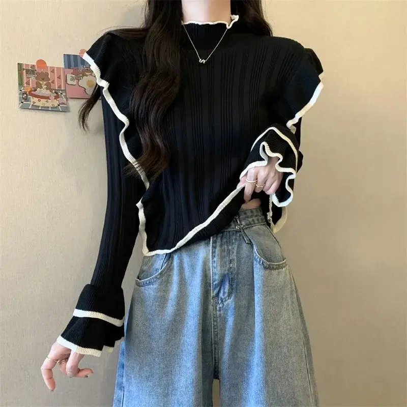 

Knitted Sweater Bell Sleeve Half Turtleneck Fungus Interior Lapping Patchwork Solid Color Pullovers Slim Fashion Knitting Tops