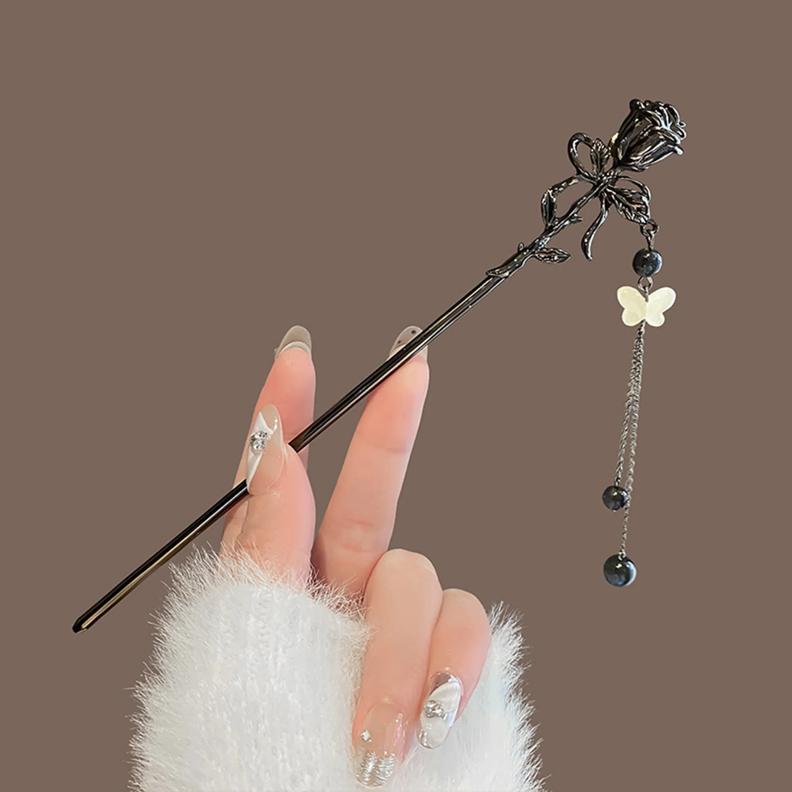 Horquilla de estilo Neo chino para mujer, elegante horquilla con borla de rosa negra, horquilla de flor de Metal a la moda, accesorios para el cabello para niña