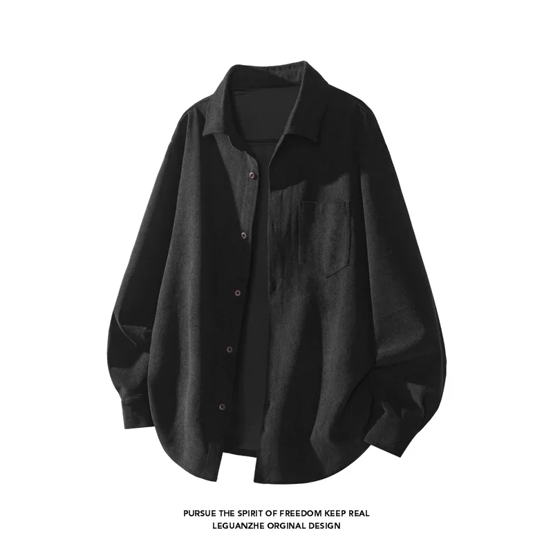 Male Urban Casual Corduroy Shirt Full Button Lapel Collar Chest Pocket Loose Cut For City Commute Street Leisure Look