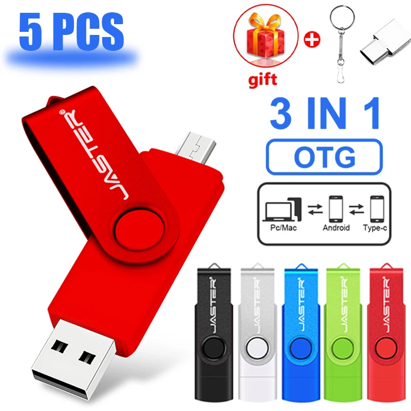 

OTG Pen Drive 5 PCS LOT USB 2.0 Flash Drive TYPE-C Memory Stick 64GB 3 IN 1 Rotatable Key Chain Pendrive Creative Gift USB Stick