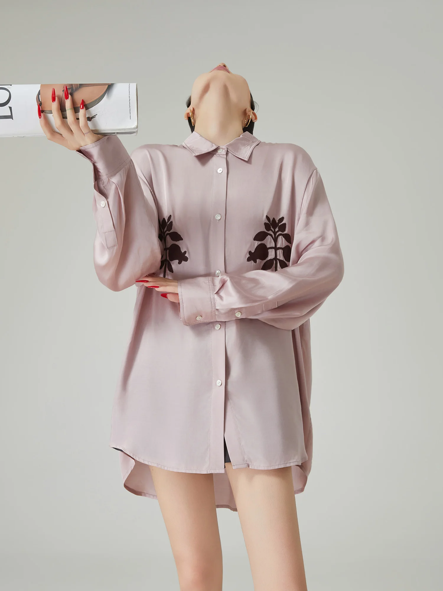 

Pink Glossy Long Sve irt Women's Loose Slimming Casual Sle Patchwork Embroidered Collar Top Polyester Fiber oulder Pad