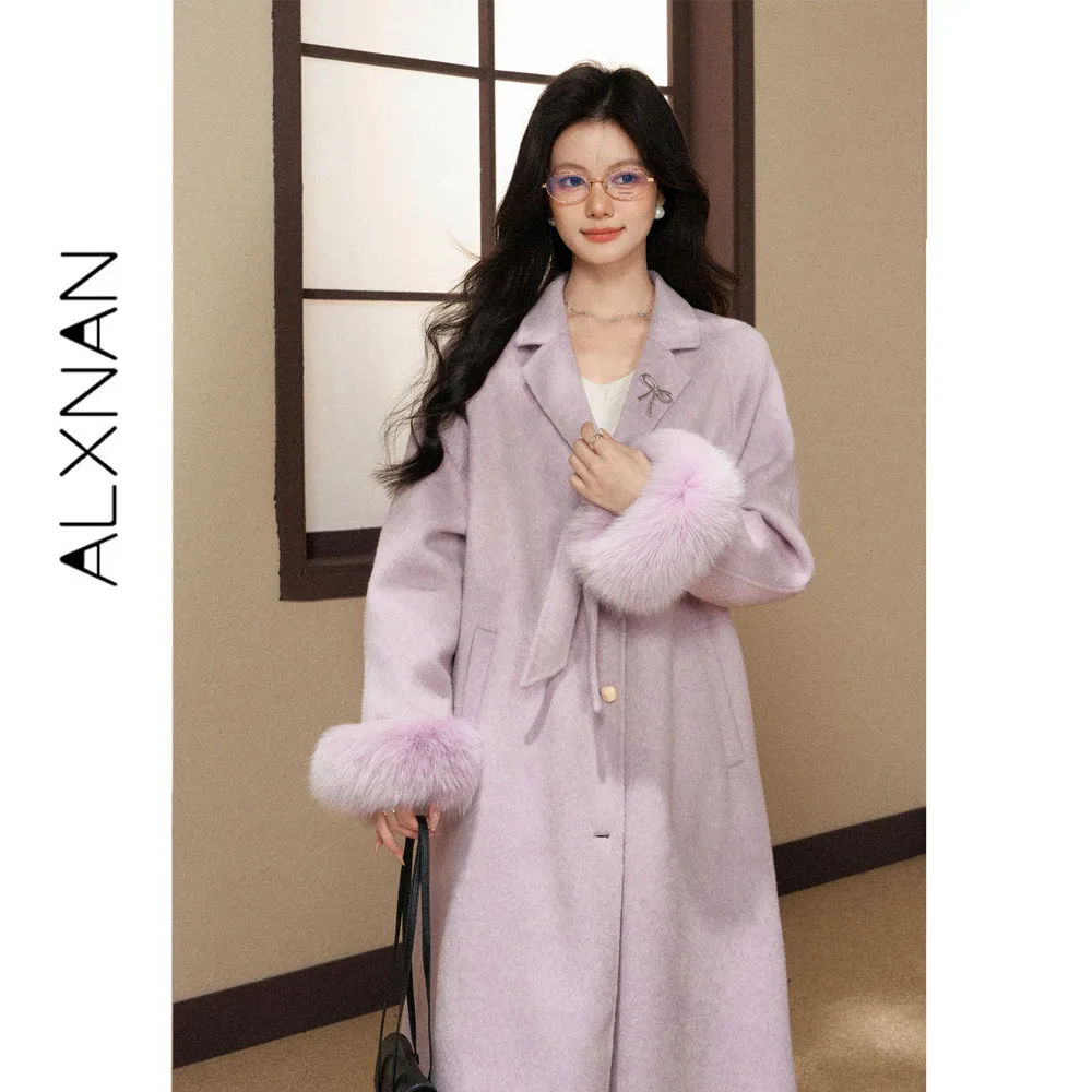 ALXNAN Purple Merino Wool Coat Women 2026 Autumn Winter Fashion Long Coat Warm Casual Loose-fit Elegant Female Outwear L68501