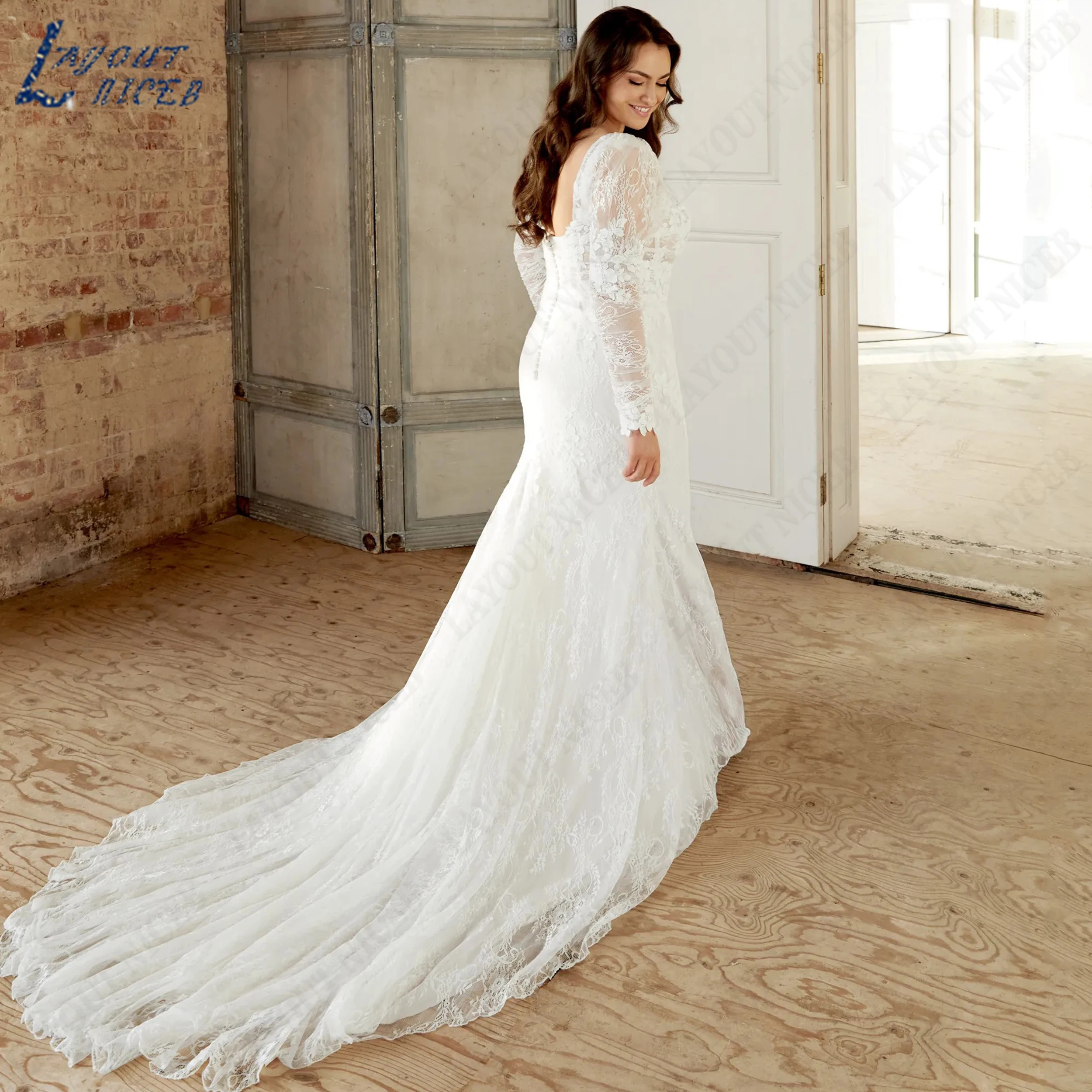 LAYOUT NICEB Customized Long Sleeve Square Neck Wedding Dresses For Bride Lace Mermaid Bridal Gown Plus Size свадебное платье