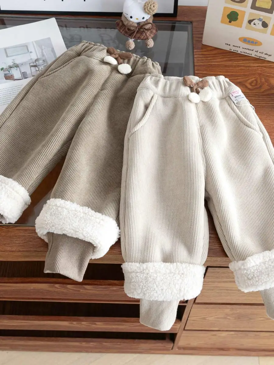 Thiened Fce Children's Pants Autumn Winter Baby Warm Trousers Outerwear Inteated Fce Long Pants Kids Clothes