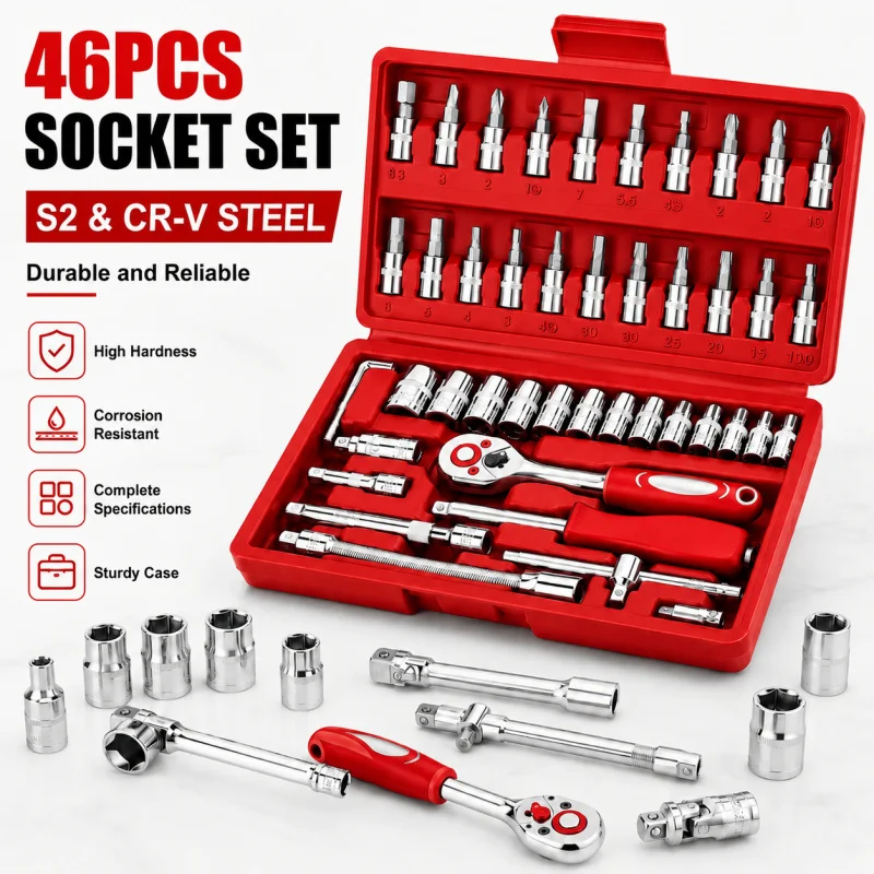 

46 Pcs Professional Ratchet Set Car Repair Kit red Toolbox Auto Maintenance Essentials Mechanic Tool Set