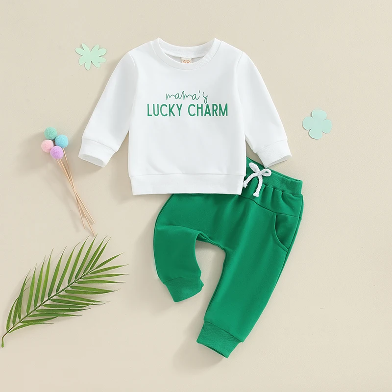 

2023-10-30 Lioraitiin Toddler Baby Boy Clothes Letters Print Sweatshirt Pullover Tops Green Pants Set St. Patrick's Day Outfit