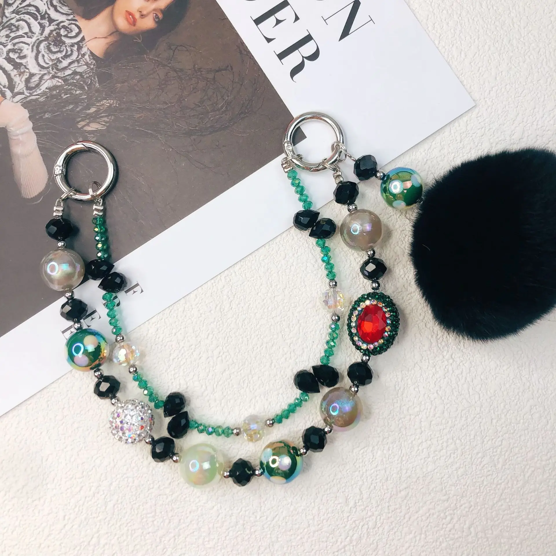 

Creative Black Green Beaded Lanyard Anti-Lost Wrist Chain for Phone Charm, Key and Backpack Pendant