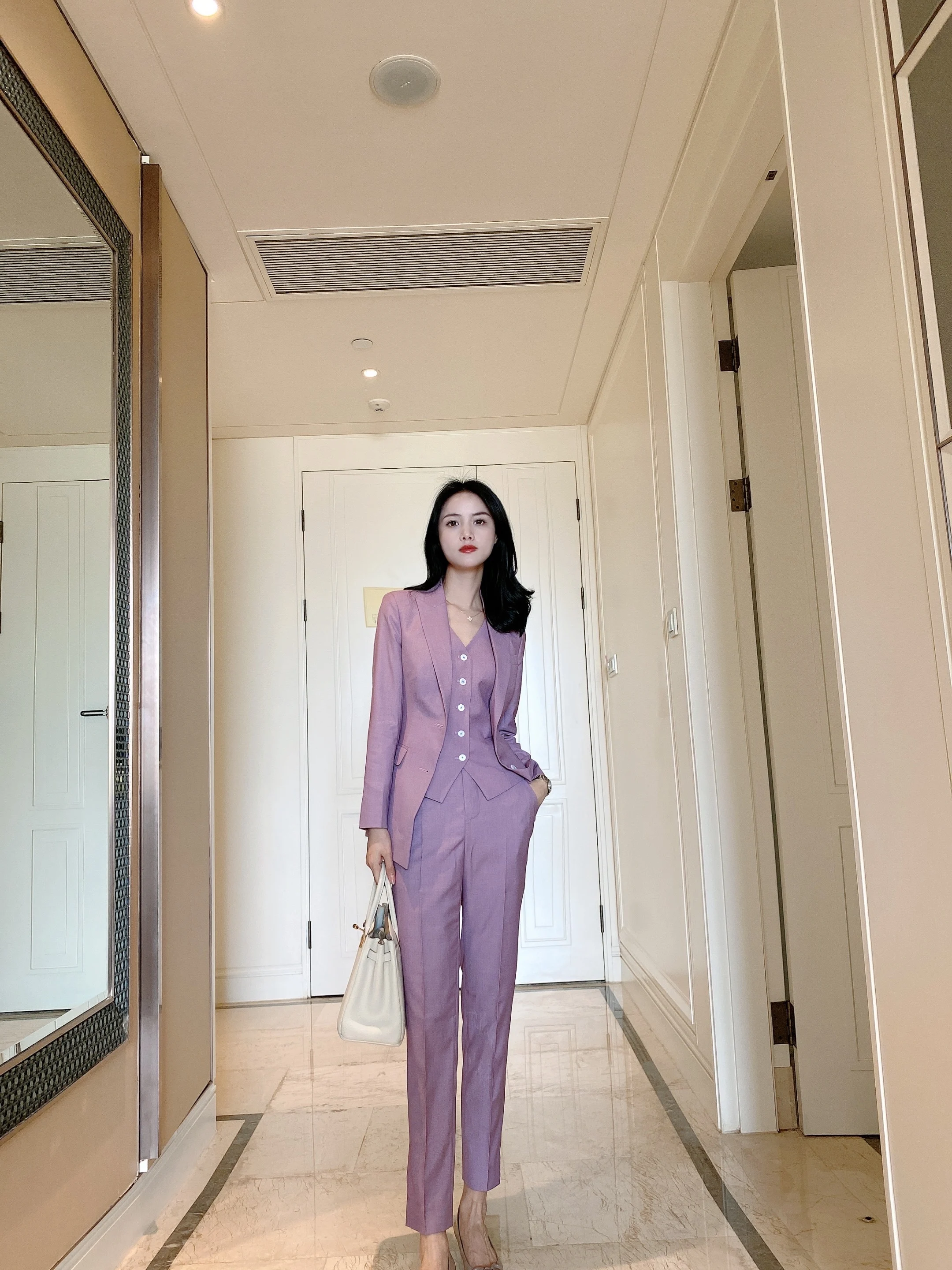 

Женский модный деловой повседневный костюм-тройка Slim Fit с одной пуговицей, фиолетово-розовый, однотонный, с длинным рукавом