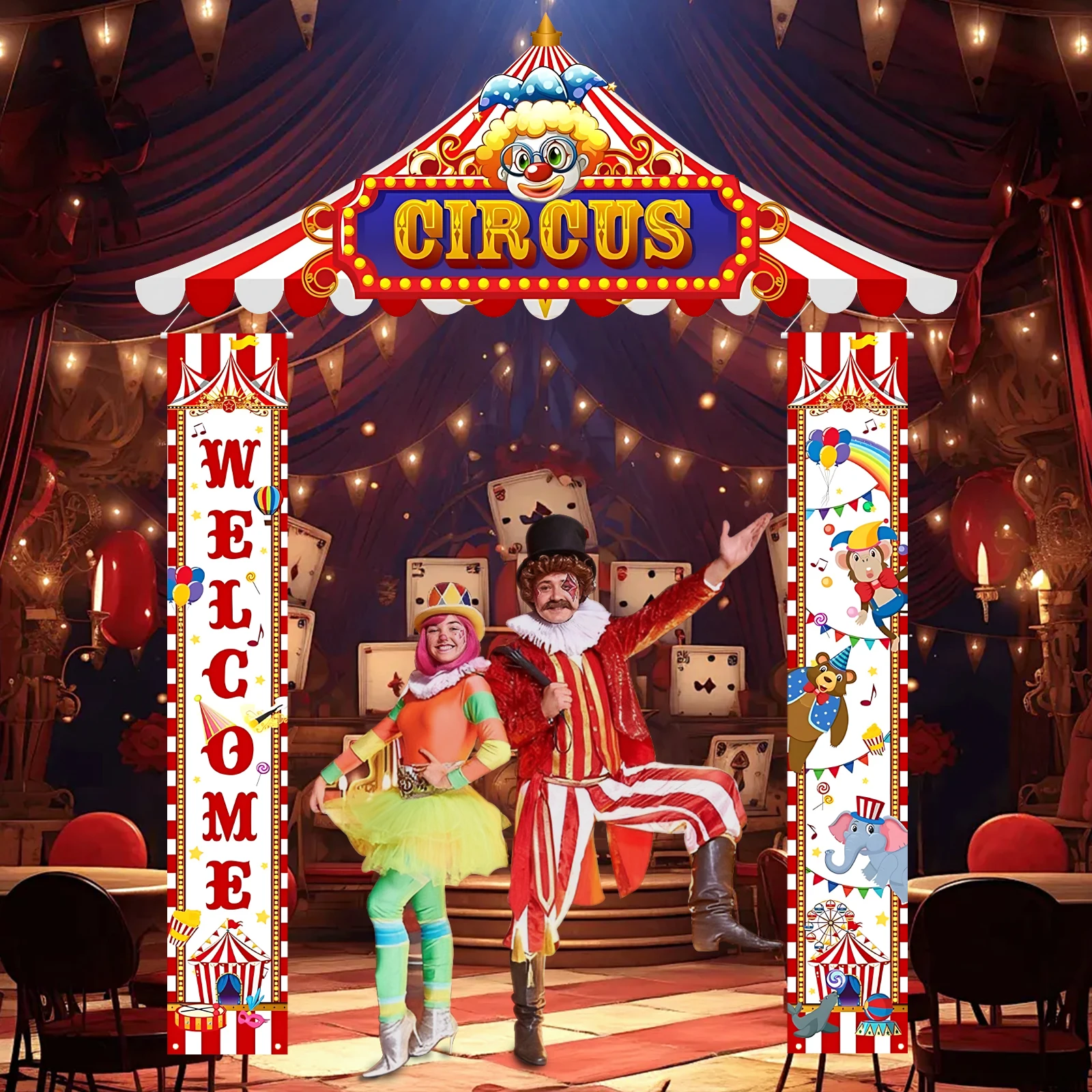 3 قطع لافتة شرفة السيرك الكرنفالية، زينة حفلات موضوع السيرك، مجموعة لافتات باب ترحيب الكرنفال، عيد ميلاد كرنفال معلق