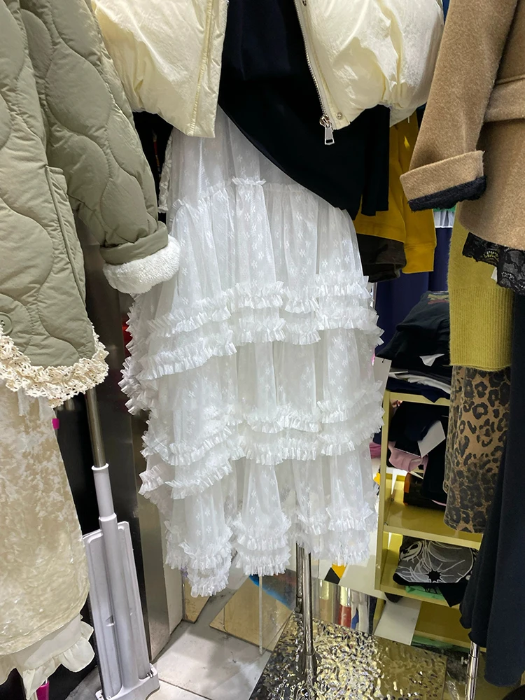 Korean Style Half Skirt Irregular Heavy Embroidery Lace Splicing Women's New 2024 Fashion Cake Skirt mid Waist A-Line Skirt