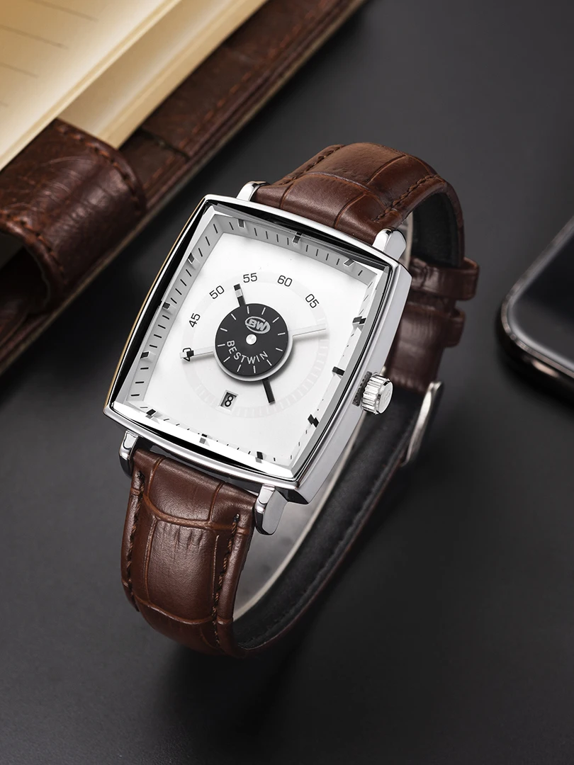 

Luxury Men Watch Unusual Conceptual Dial Male Quartz Wristwatch Sports Black Leather Strap Band Reloj Man Square Rectangle Clock