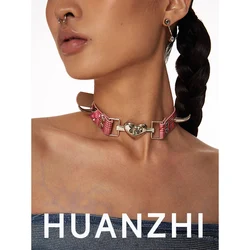 HUANZHI Y2K Millennium Floral Rivet Split Collar Punk Personalised Choke Neckwear Fashion Dark Unisex Jewelry For Women Couple