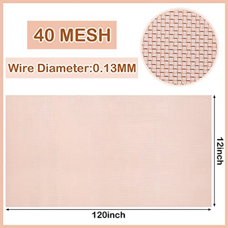 Copper Mesh Screen 12Inch X 120Inch 40 Mesh Pure Copper Screen Woven Wire Mesh Screen Metal Screen Mesh Fine Mesh