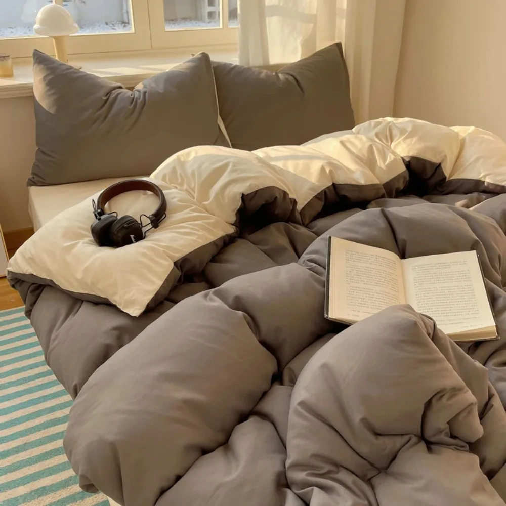 Cotton Bedding Set with Solid Bed Sheet Duvet Cover Pillowcases Single Couple Bedsheet King Queen Double Twin Size