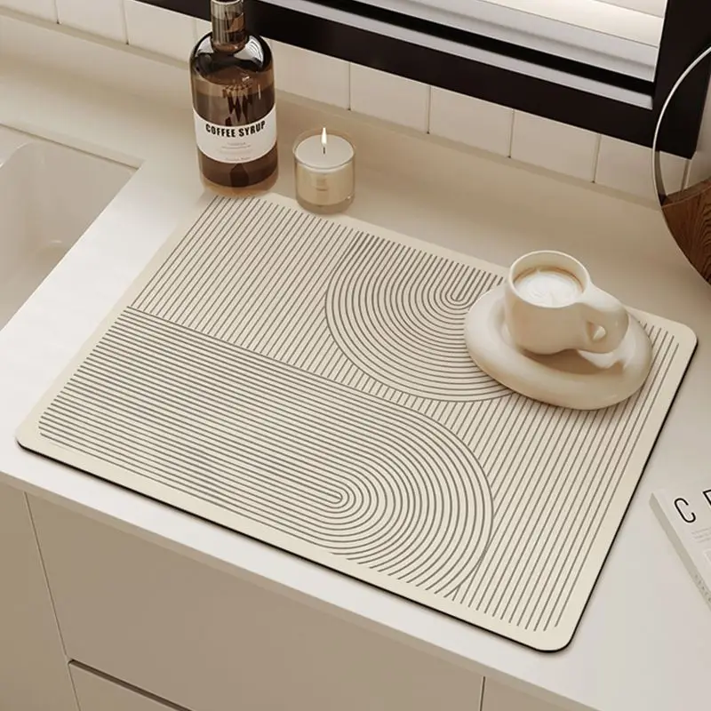 Rice White Geometric Block Pattern Kitchen Drainage Mat, Anti Slip Coffee Machine Tableware, Kitchen Countertop Protection Mat