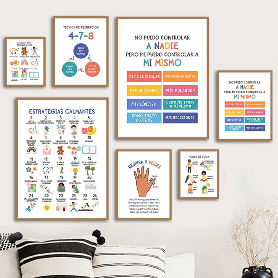 إسباني تهدئة ملصقات الزاوية ، ديكور مهدئ ، مستشار الطباعة ، مشاعر الفن مكتب ، علاج الفصول الدراسية للأطفال السلام ، مجموعة علامة طفل صغير