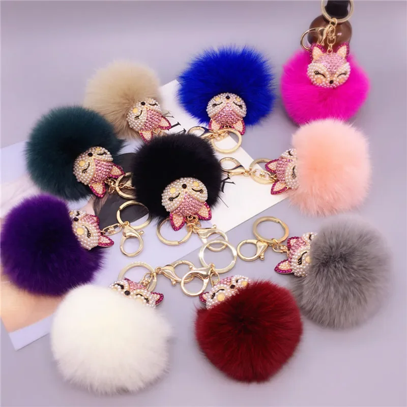 Carino testa di volpe pompon portachiavi bambola di pelliccia artificiale portachiavi bambola di peluche ciondolo catena portachiavi moda per auto