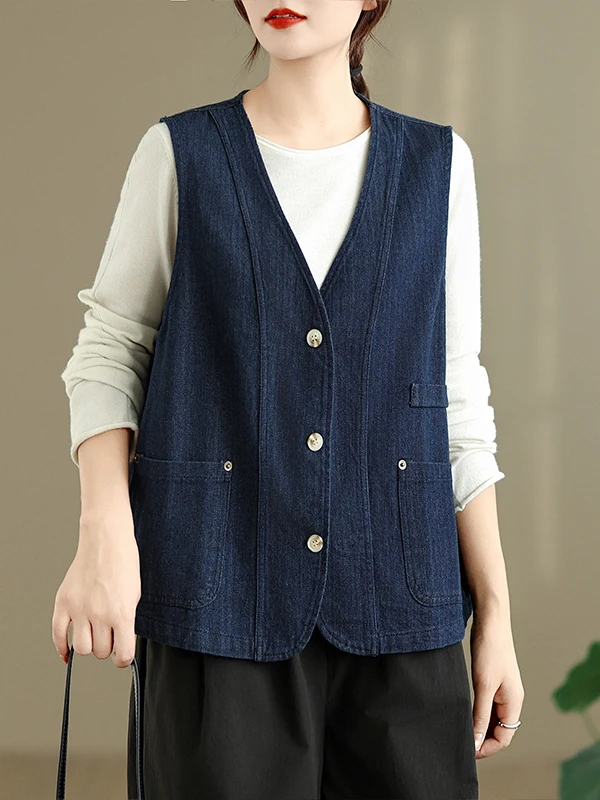 Casual Loose V-Ne Denim Vest Women's Versatile Design Sensation Bal Tank Top Spring Autumn Slimming Effectiven