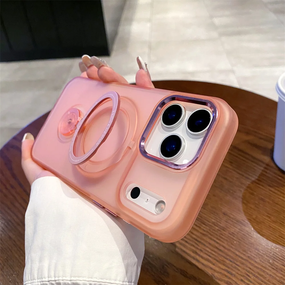 For Magsafe Fold Bracket Rotating Stand Magnetic Phone Case For iPhone 16 17 Pro Max Solid Color Matte Frosted Translucent Cover