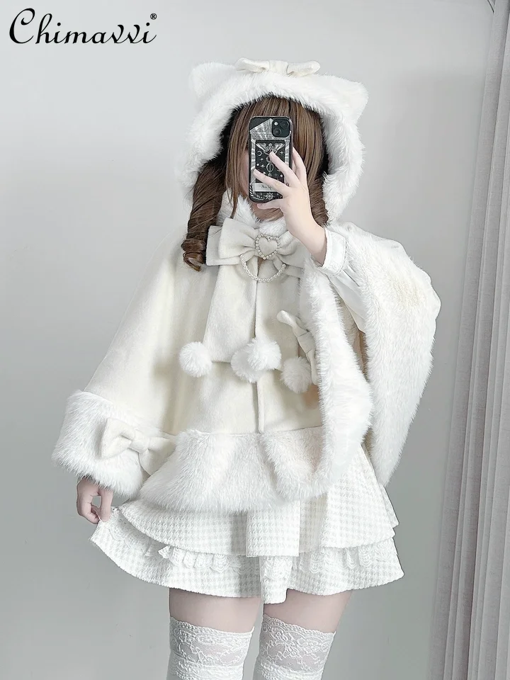 

Original Japanese Mass-Produced Wool Fleece-Lined Cat Ear Cape Autumn Winter New Cute Girl Bowknot Warm Cloak Coat Ponchos